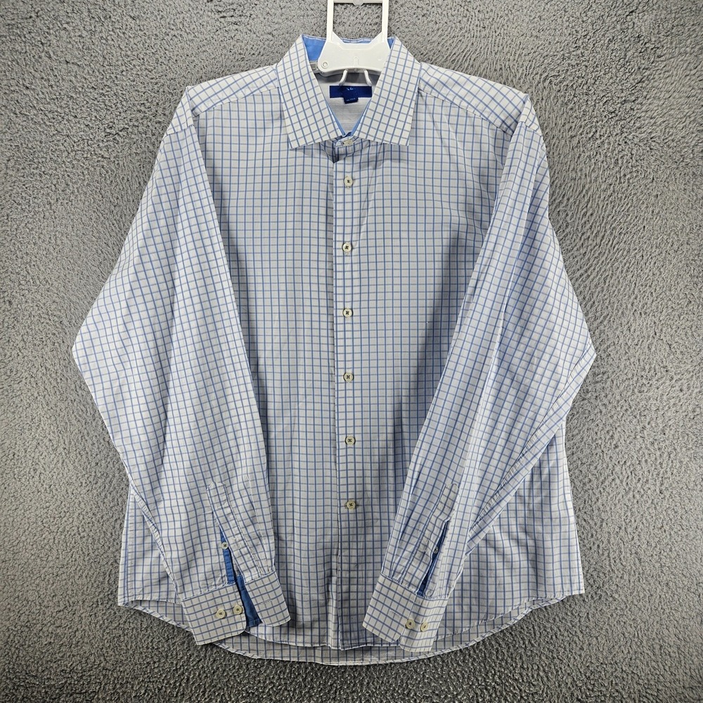 Egara Mens XXL Blue White Grid Check Cotton Long Sleeve Button Down Shirt